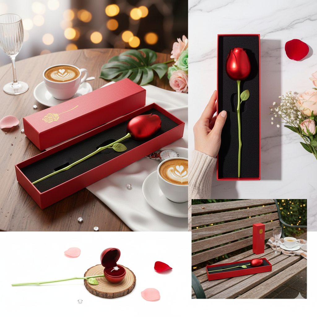 Red Rose Shape Ring Box